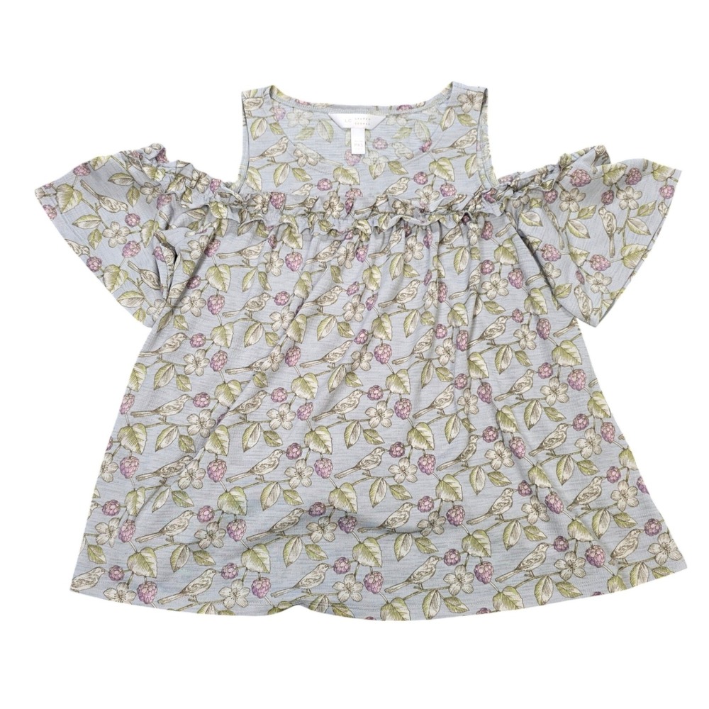 LC Lauren Conrad Cold Shoulder Ruffle Top Womens Size PXS Blue Bird Floral Berry